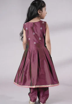 Embroidered Art Silk A Line Suit in Wine