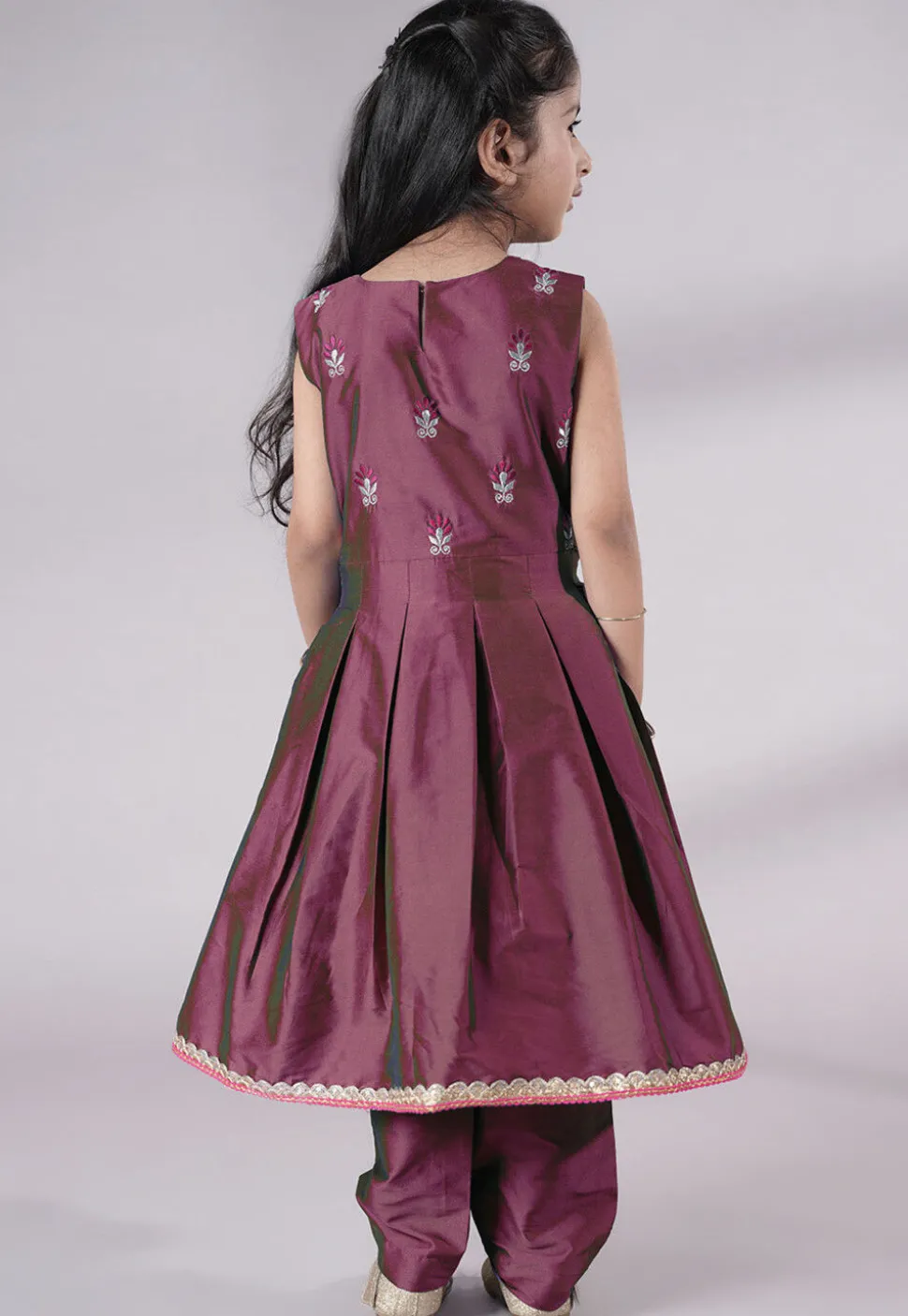 Embroidered Art Silk A Line Suit in Wine