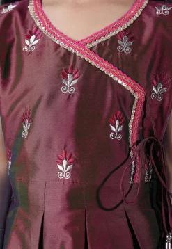 Embroidered Art Silk A Line Suit in Wine
