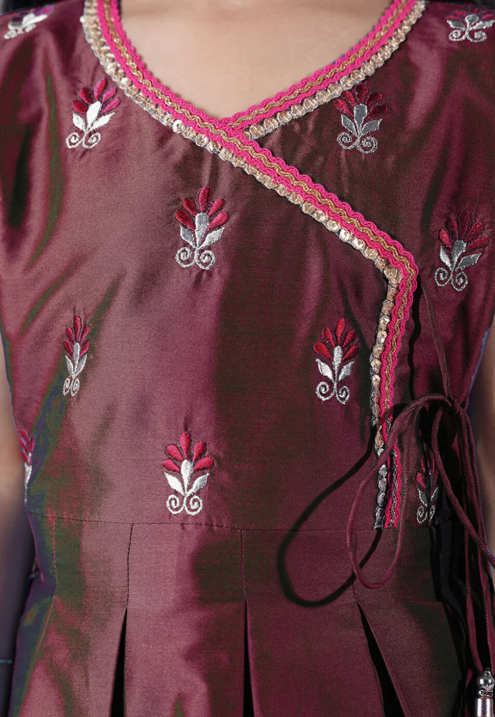 Embroidered Art Silk A Line Suit in Wine