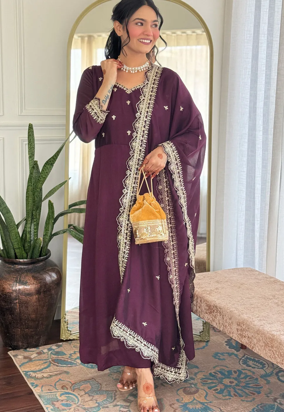 Embroidered Art Silk A Line Suit in Wine