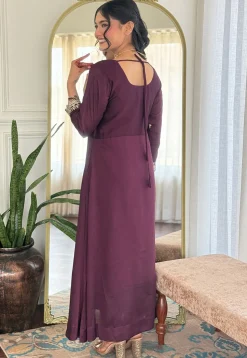 Embroidered Art Silk A Line Suit in Wine