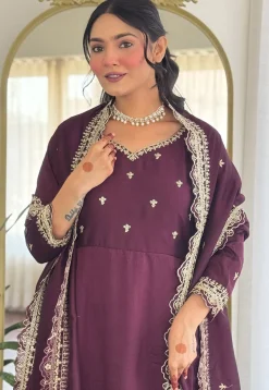 Embroidered Art Silk A Line Suit in Wine