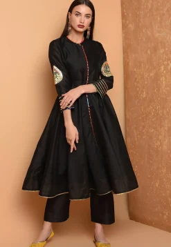 Embroidered Art Silk A Line Kurta Set in Black