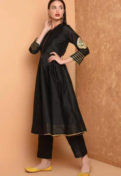 Embroidered Art Silk A Line Kurta Set in Black