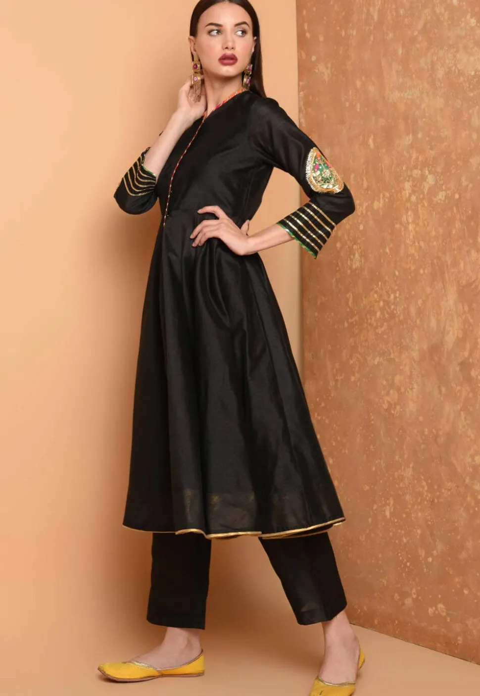 Embroidered Art Silk A Line Kurta Set in Black