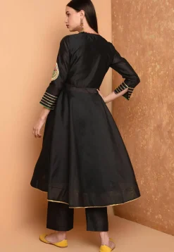 Embroidered Art Silk A Line Kurta Set in Black