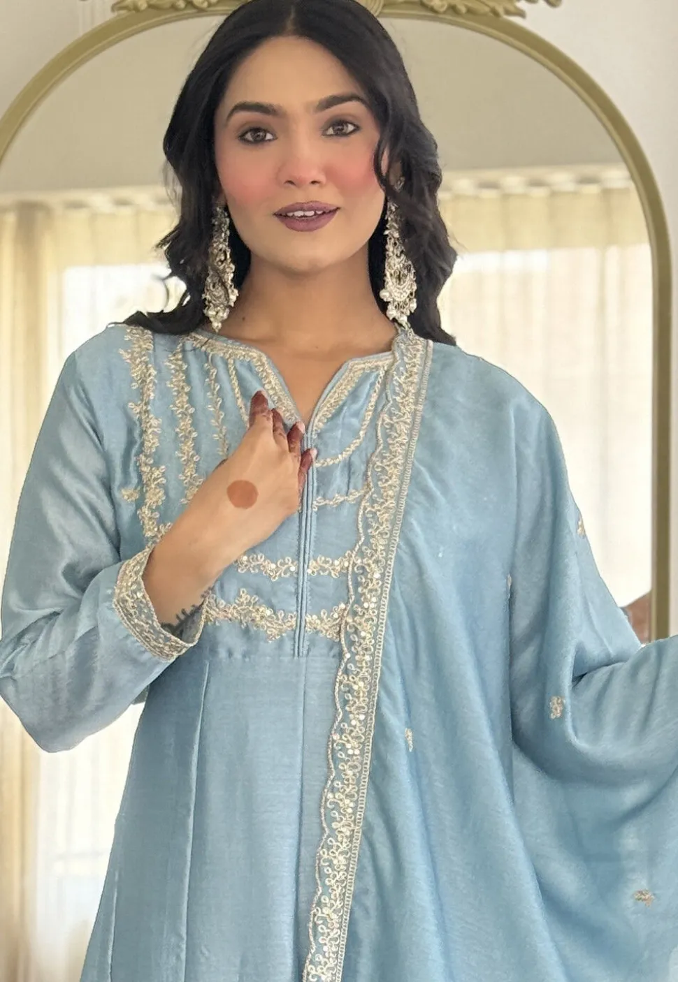 Embroidered Art Silk A Line Suit in Light Blue