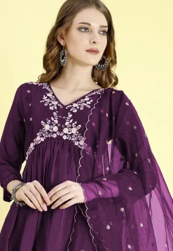 Embroidered Art Silk A Line Suit in Purple