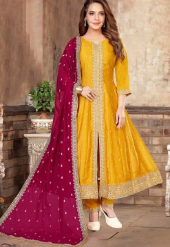Embroidered Art Silk A Line Suit in Mustard