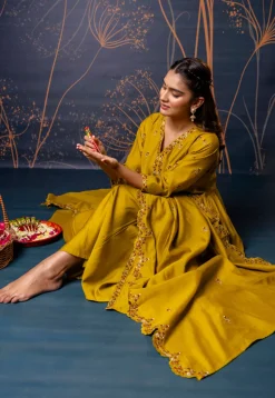 Embroidered Art Silk A Line Suit in Mustard