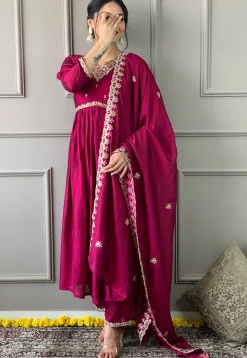 Embroidered Art Silk A Line Suit in Magenta