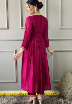 Embroidered Art Silk A Line Suit in Magenta