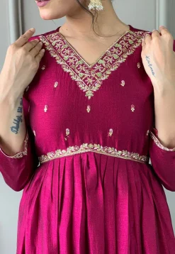 Embroidered Art Silk A Line Suit in Magenta