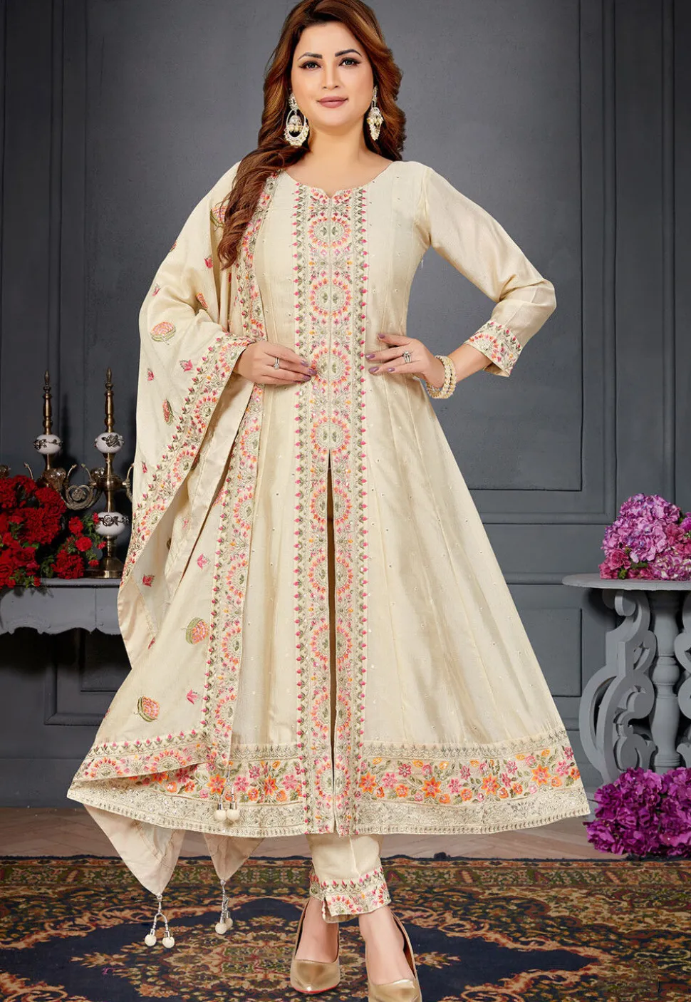 Embroidered Art Silk A Line Suit in Cream