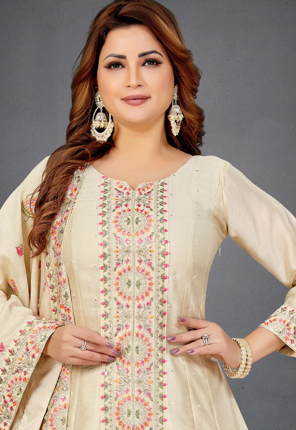 Embroidered Art Silk A Line Suit in Cream
