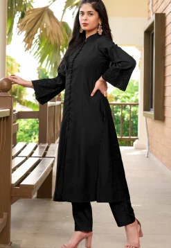 Embroidered Art Silk A Line Kurta in Black