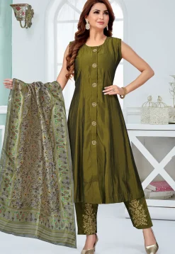 Embroidered Art Silk A Line Suit in Olive Green