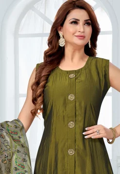 Embroidered Art Silk A Line Suit in Olive Green