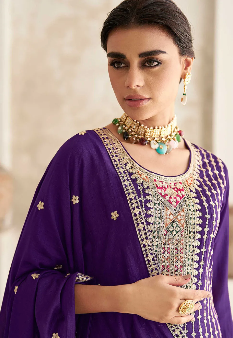 Embroidered Art Silk A line Suit in Purple