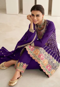 Embroidered Art Silk A line Suit in Purple