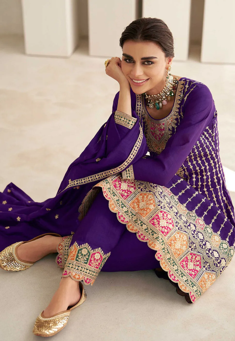 Embroidered Art Silk A line Suit in Purple