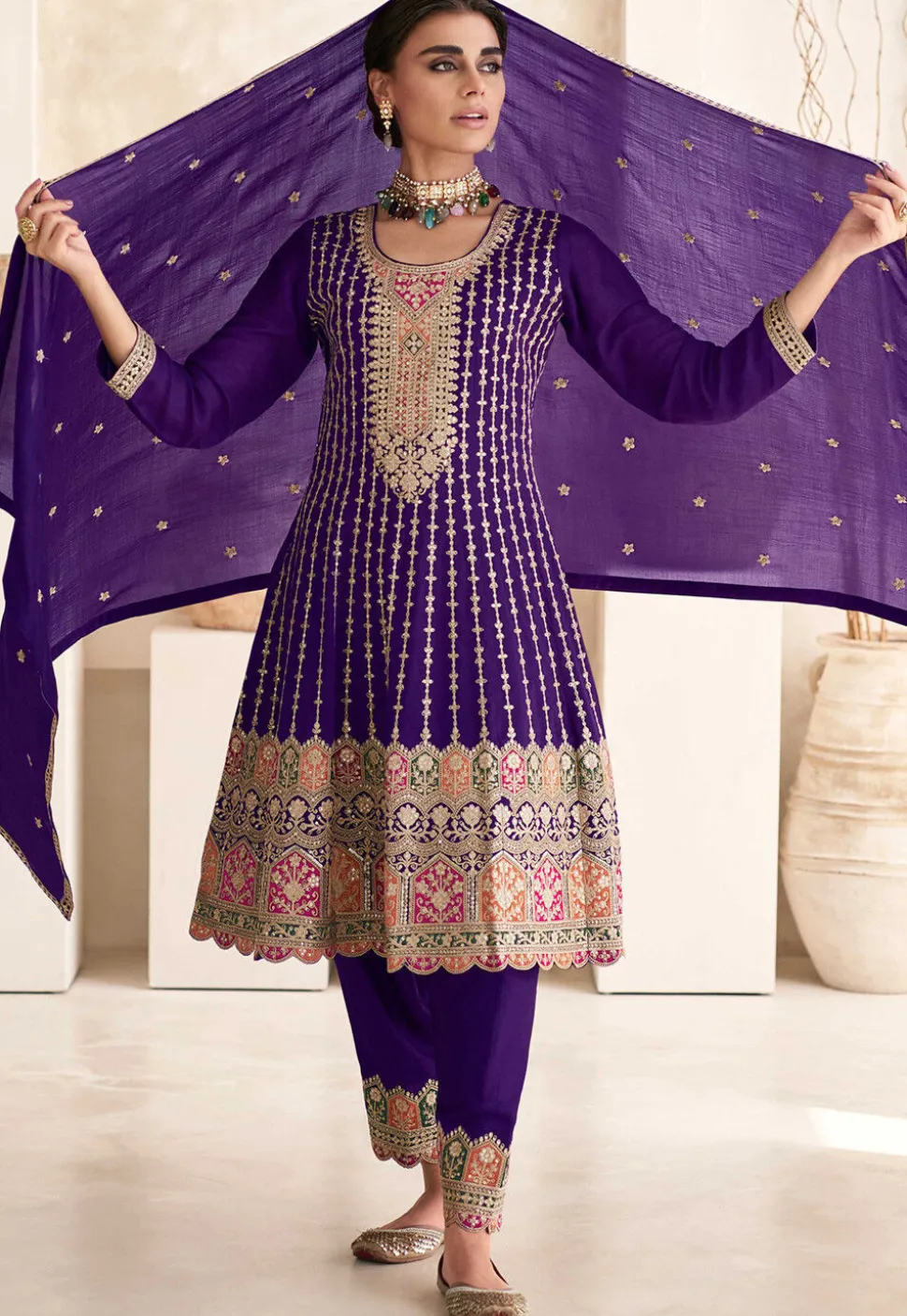 Embroidered Art Silk A line Suit in Purple