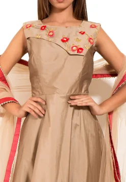 Embroidered Art Silk Abaya Style Suit in Copper