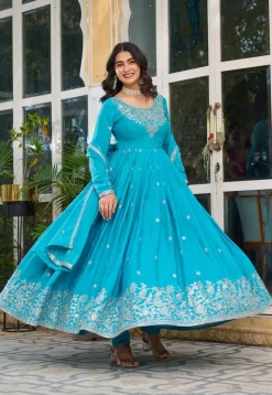 Embroidered Art Silk Abaya Style Suit in Sky Blue