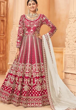 Embroidered Art Silk Abaya Style Suit in Fuchsia