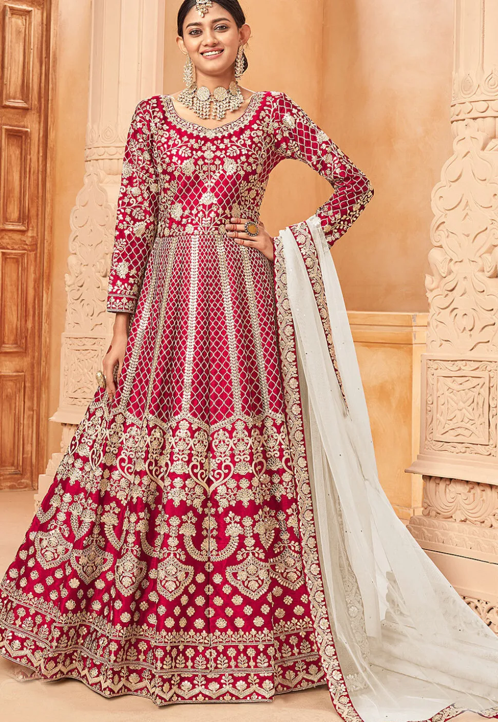 Embroidered Art Silk Abaya Style Suit in Fuchsia