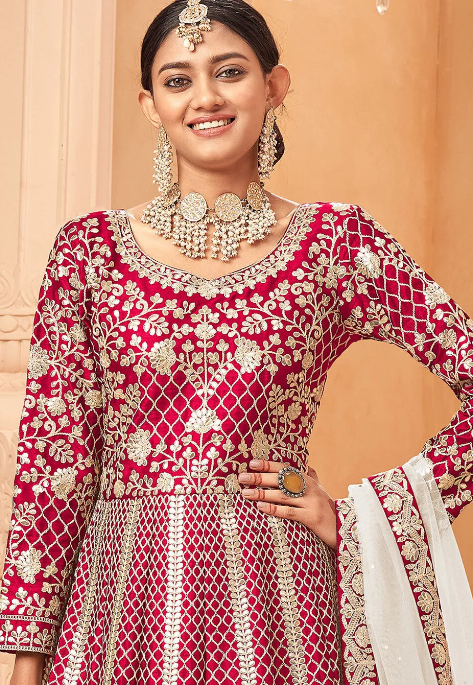 Embroidered Art Silk Abaya Style Suit in Fuchsia