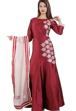 Embroidered Art Silk Abaya Style Suit in Maroon