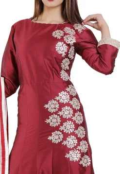 Embroidered Art Silk Abaya Style Suit in Maroon