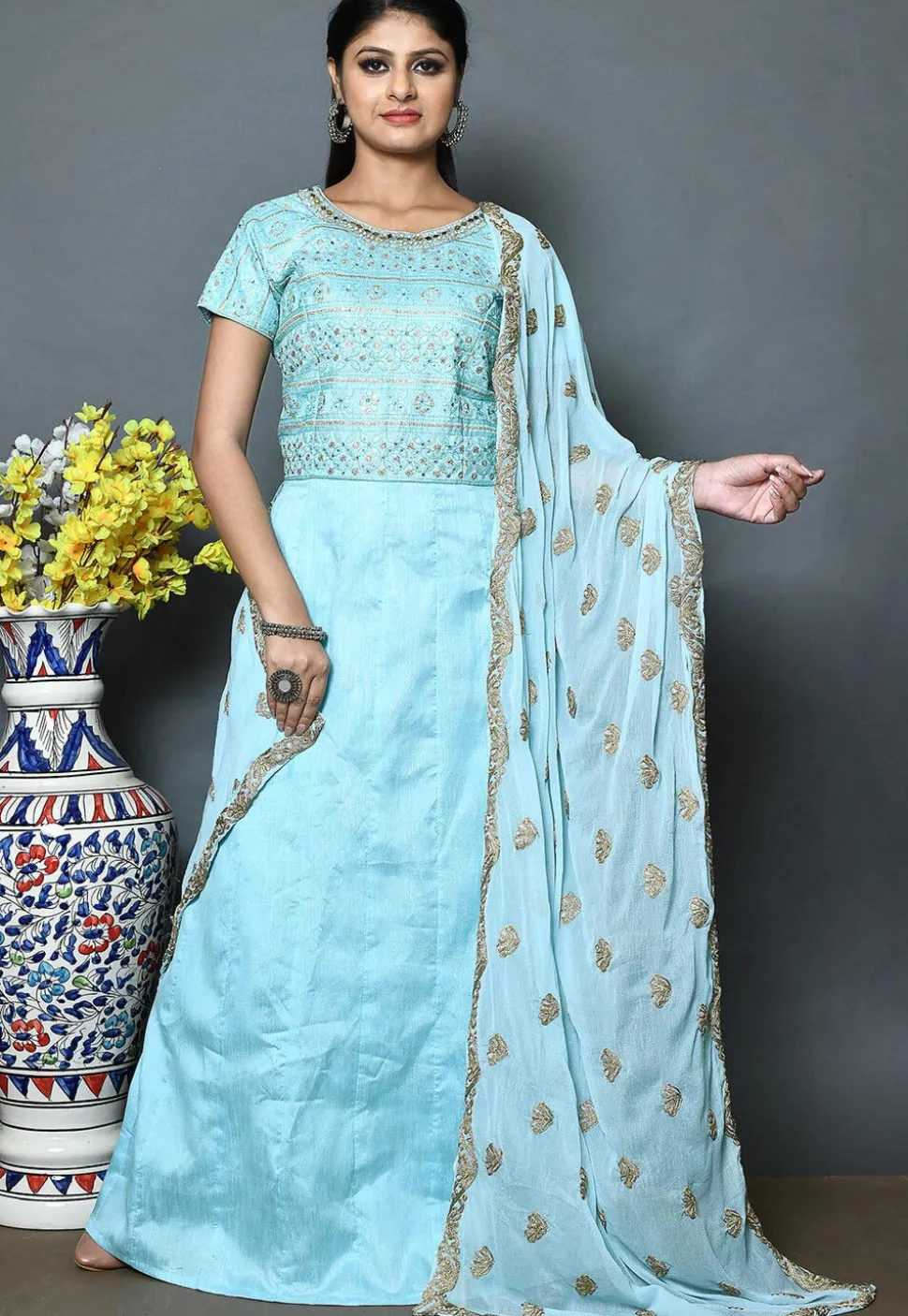 Embroidered Art Silk Abaya Style Suit in Light Blue