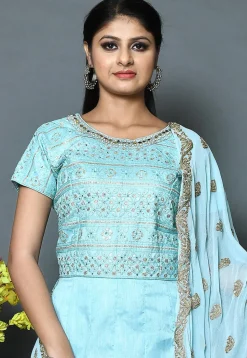 Embroidered Art Silk Abaya Style Suit in Light Blue