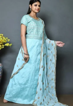 Embroidered Art Silk Abaya Style Suit in Light Blue