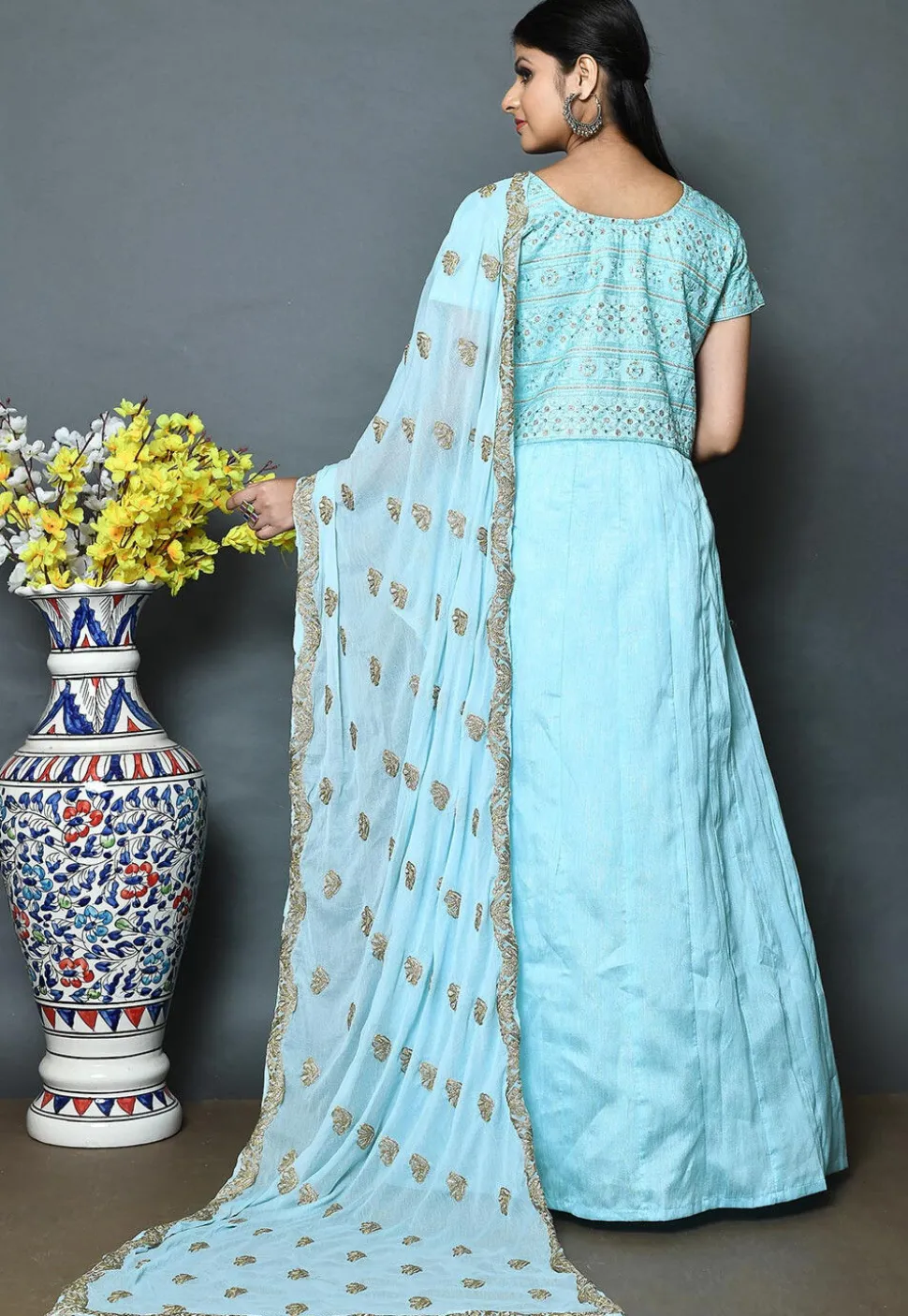 Embroidered Art Silk Abaya Style Suit in Light Blue
