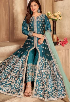 Embroidered Art Silk Abaya Style Suit in Teal Blue
