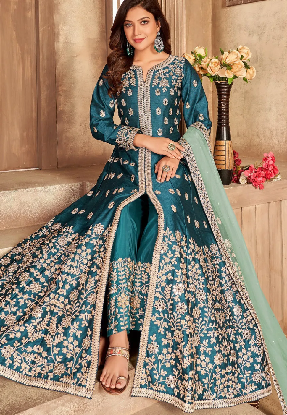 Embroidered Art Silk Abaya Style Suit in Teal Blue