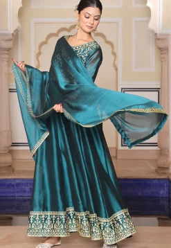 Embroidered Art Silk Abaya Style Suit in Teal Blue