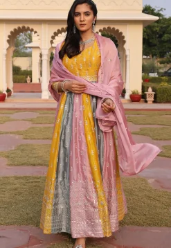 Embroidered Art Silk Abaya Style Suit in Yellow