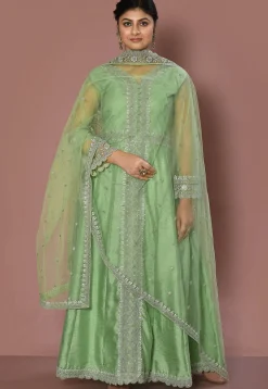 Embroidered Art Silk Abaya Style Suit in Pastel Green
