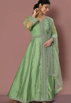 Embroidered Art Silk Abaya Style Suit in Pastel Green