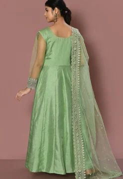 Embroidered Art Silk Abaya Style Suit in Pastel Green