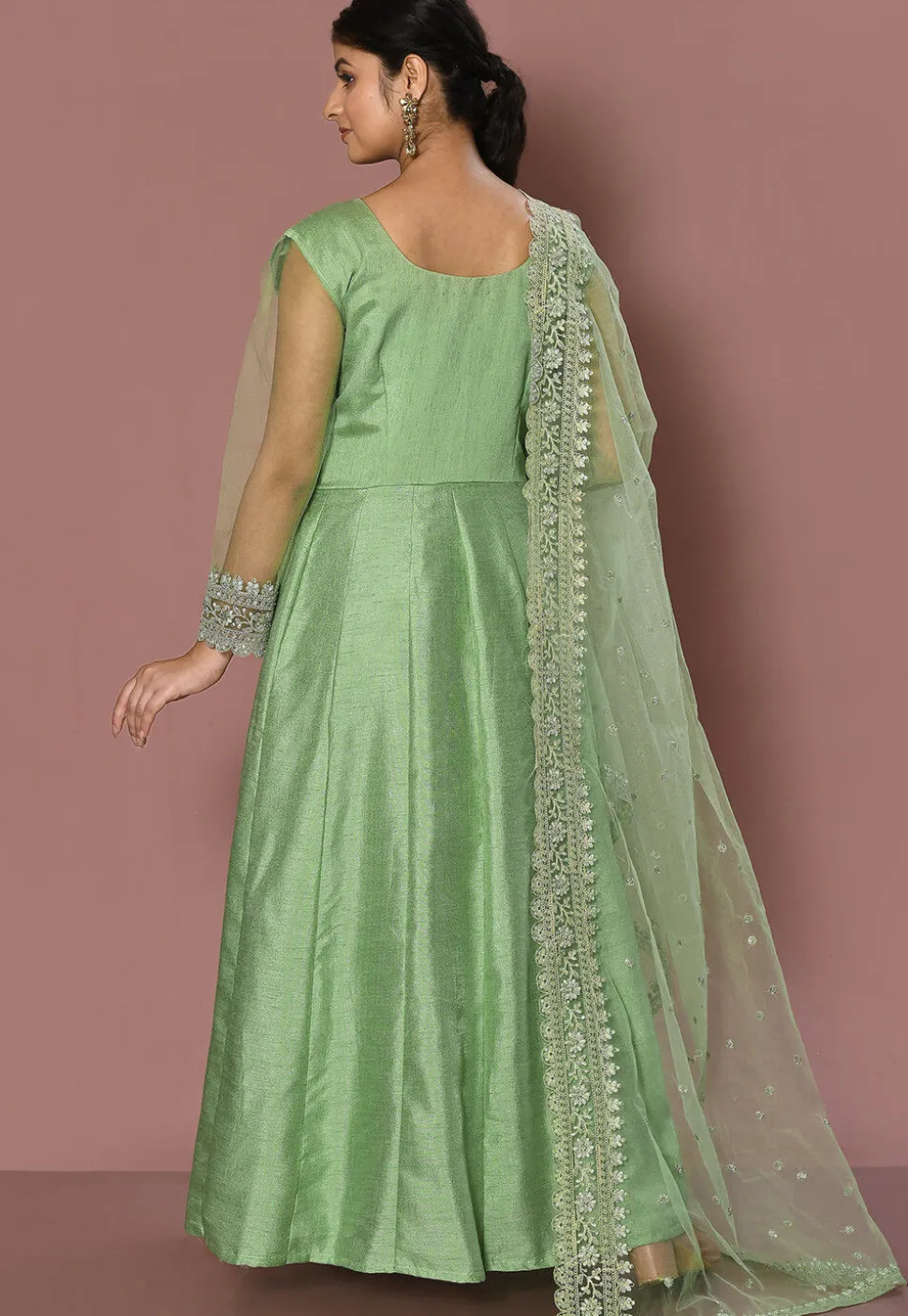 Embroidered Art Silk Abaya Style Suit in Pastel Green