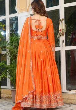 Embroidered Art Silk Abaya Style Suit in Orange
