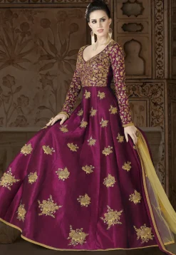 Embroidered Art Silk Abaya Style Suit in Magenta