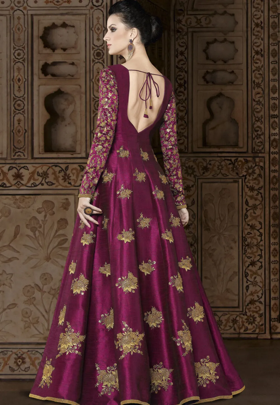 Embroidered Art Silk Abaya Style Suit in Magenta