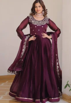 Embroidered Art Silk Abaya Style Suit in Purple
